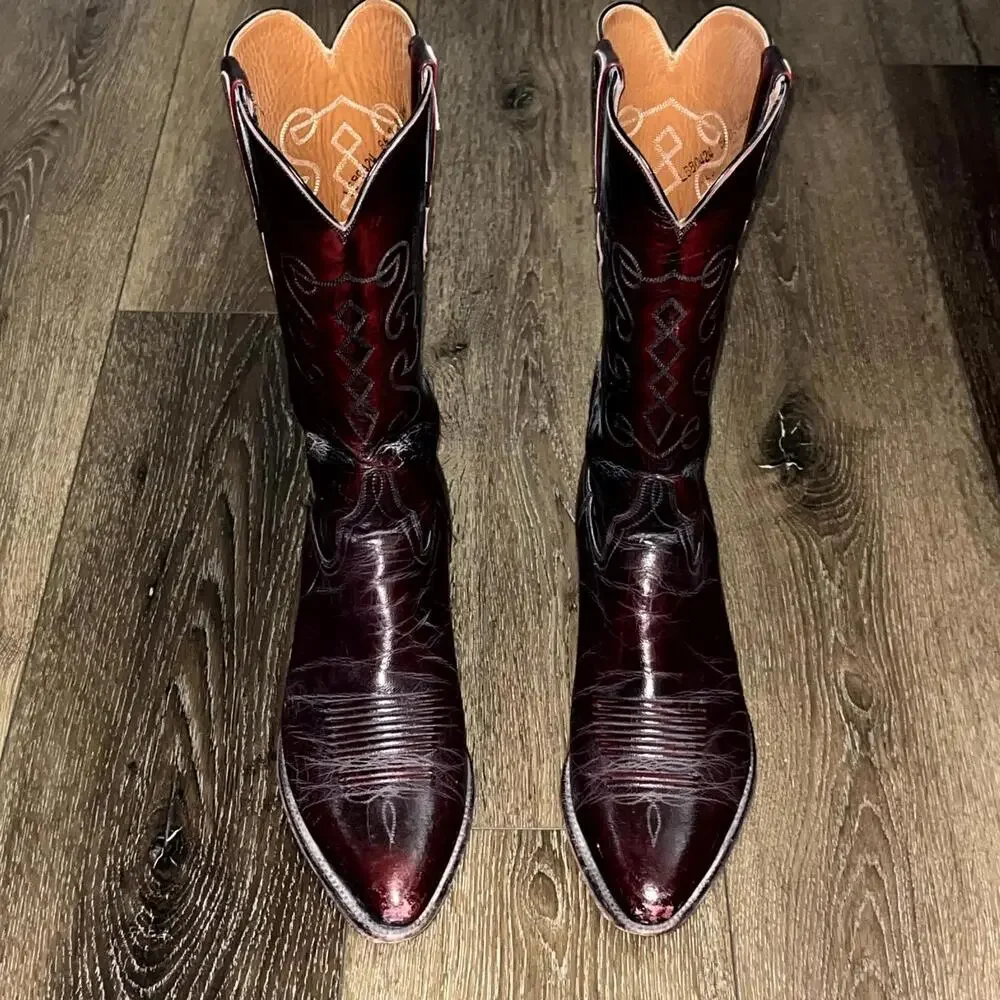 Vintage Lucchese Men's Cowboy Leather Western Boots Cherry Red Size 8